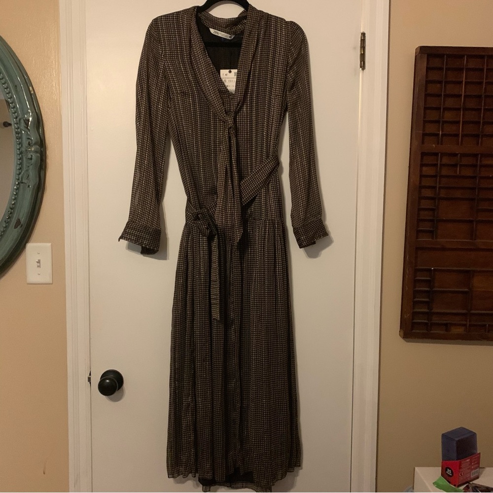 NWT Zara Metallic MIDI Dress with Belt Size Small - Picture 6 of 14